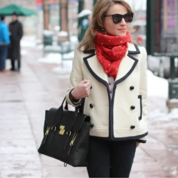 J. Crew Nello Gori Cream Black Double Breasted Wool Peacoat Jacket Blazer Size 8 - Picture 3 of 9